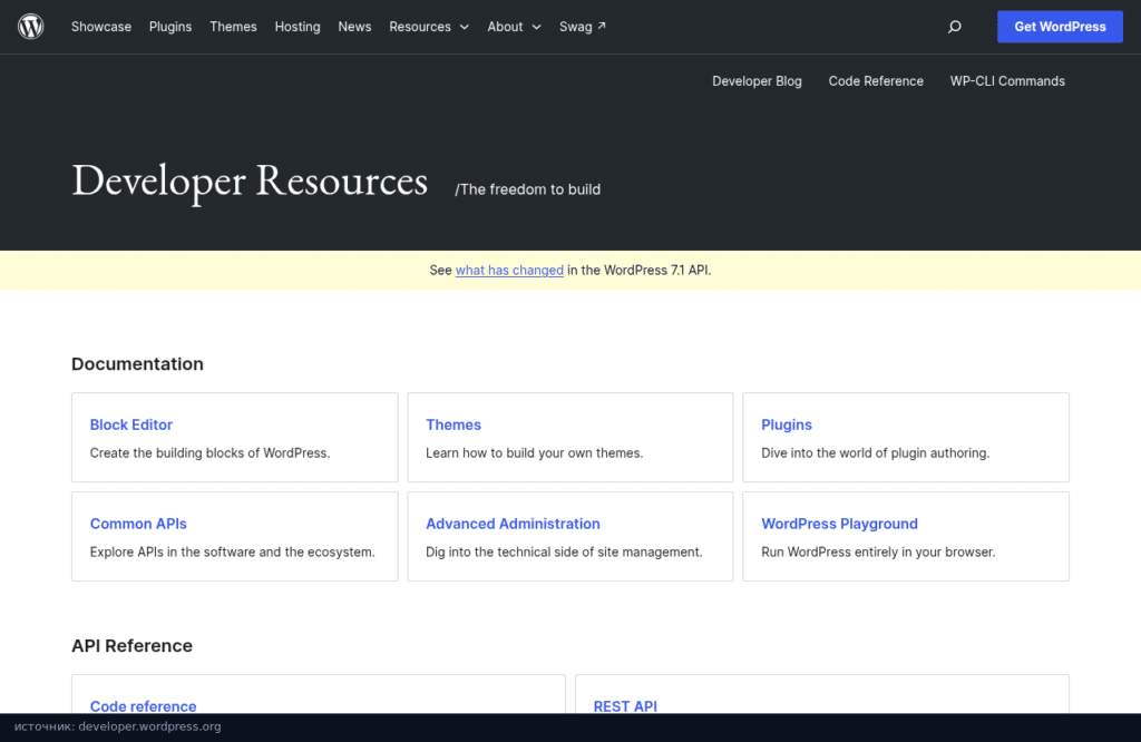 Портал developer.wordpress.org: документация по редактору блоков, темам, плагинам и API