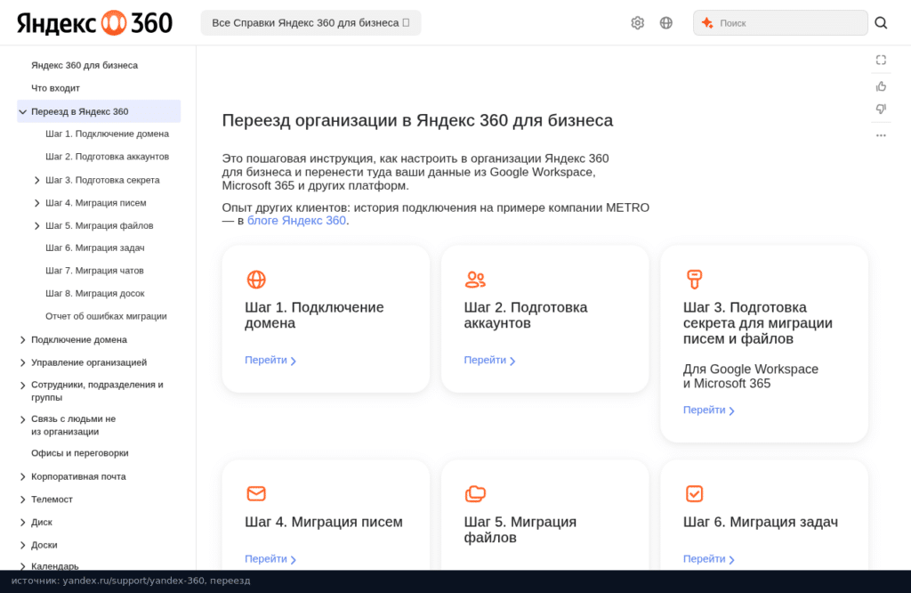 Справка Яндекс 360: пошаговый переезд организации, подключение домена, аккаунты, миграция писем, файлов и задач