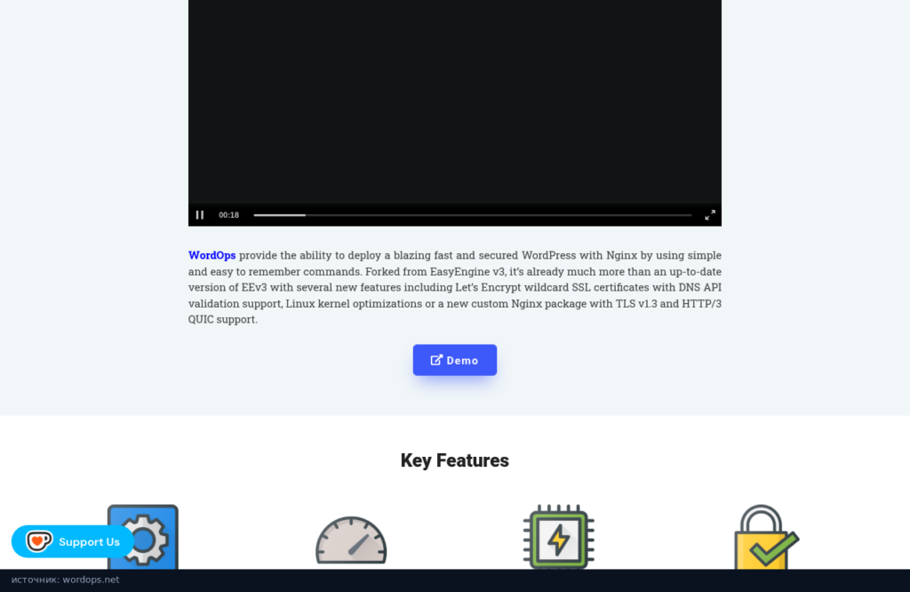 Главная страница WordOps: инструмент для развёртывания WordPress на Nginx, форк EasyEngine v3
