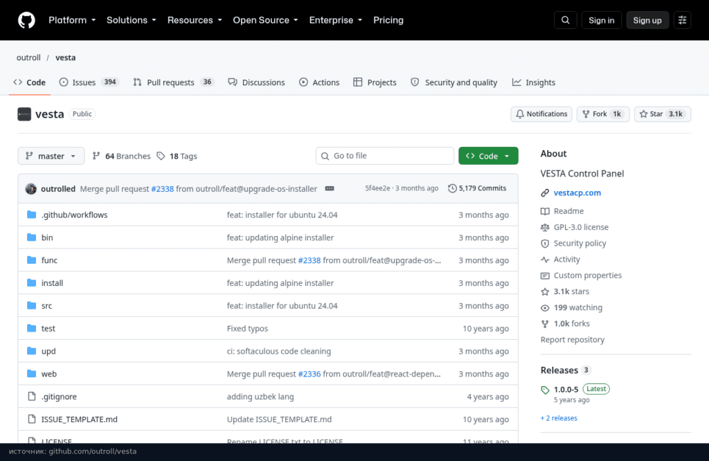 Репозиторий Vesta на GitHub: последний релиз 1.0.0-5 пятилетней давности и свежие коммиты с установщиком для Ubuntu 24.04