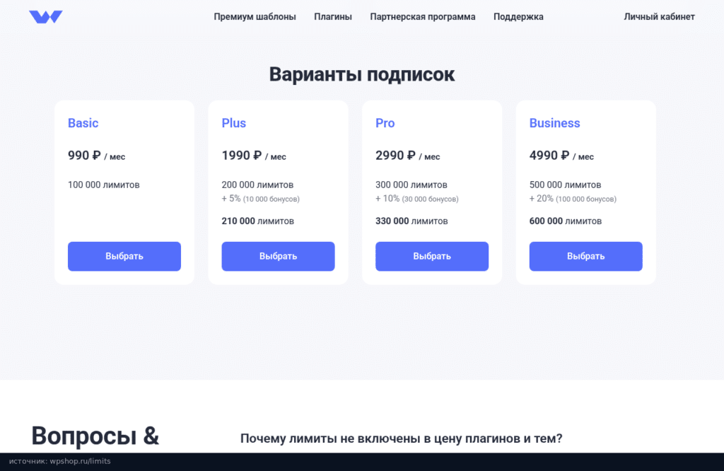 Подписки WPShop на лимиты: Basic 990 ₽, Plus 1990 ₽, Pro 2990 ₽, Business 4990 ₽ в месяц
