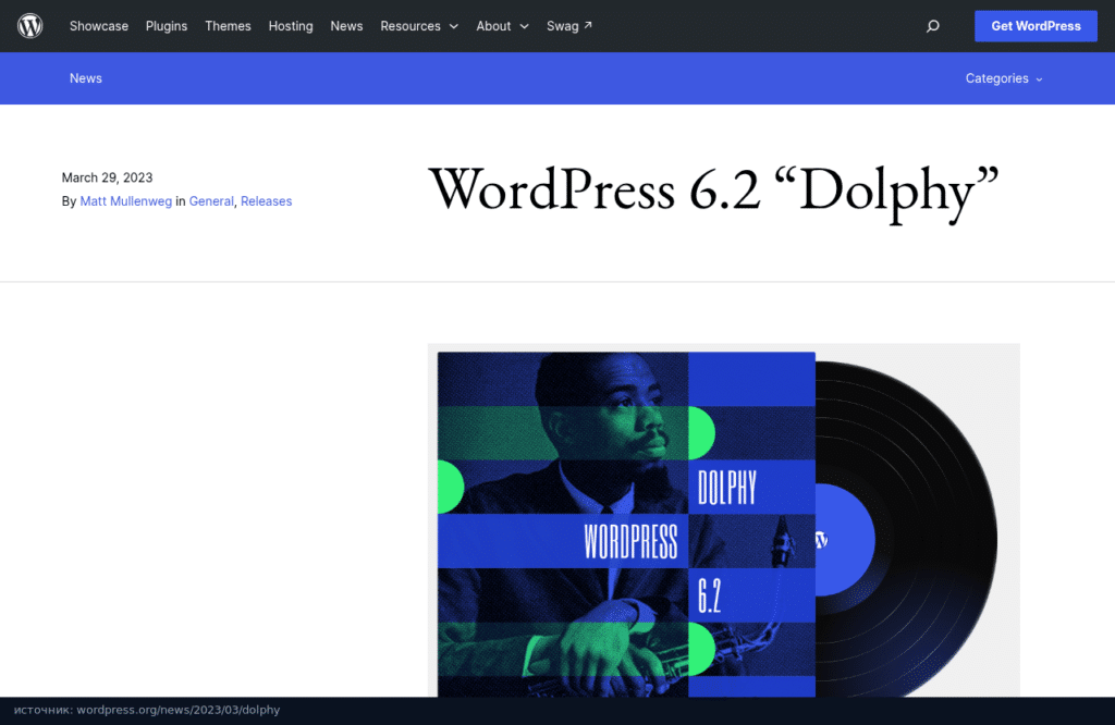 Анонс WordPress 6.2 Dolphy на wordpress.org от 29 марта 2023 года