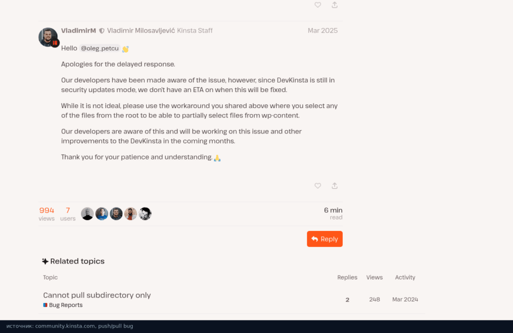 Ответ поддержки Kinsta: DevKinsta в режиме обновлений безопасности