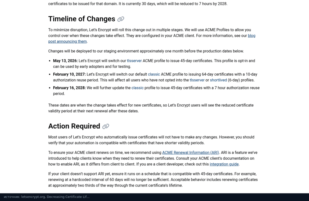 График Let's Encrypt по сокращению срока сертификатов до 45 дней