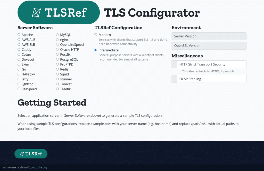 Генератор конфигураций TLS на ssl-config.mozilla.org: выбор сервера и профиля