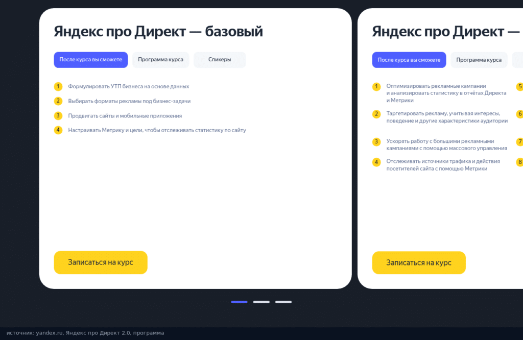 Программа курса: карточки Яндекс про Директ базовый и продвинутый