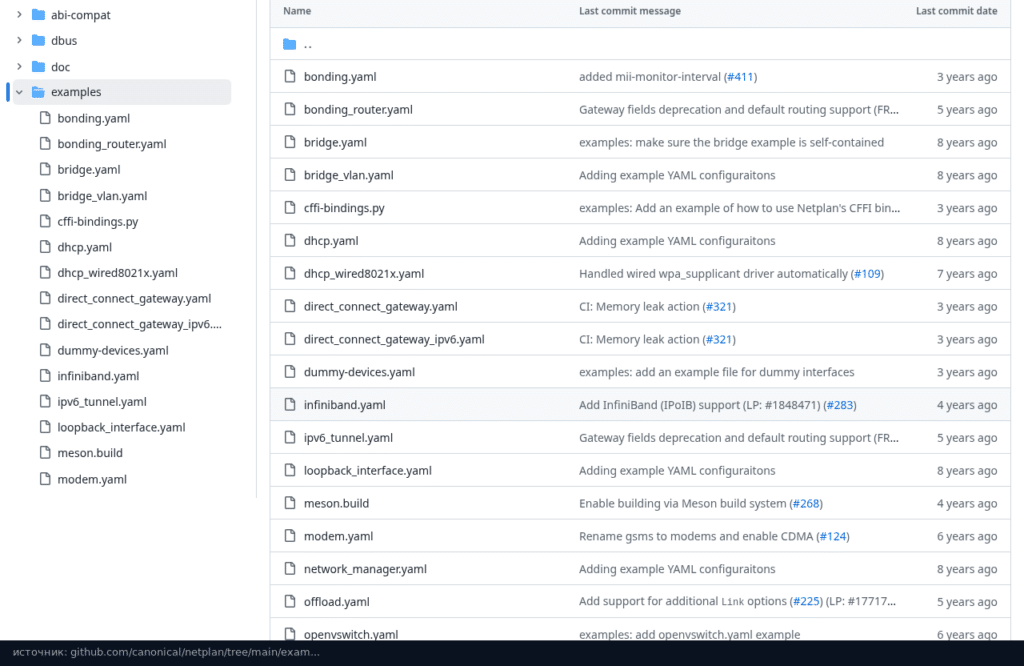 Каталог examples в репозитории canonical/netplan на GitHub