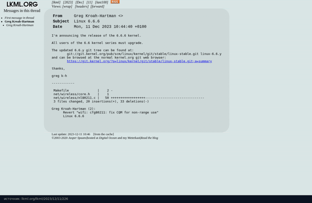 Анонс Linux 6.6.6 в LKML: всем пользователям ветки 6.6 нужно обновиться, в релизе откат патча cfg80211