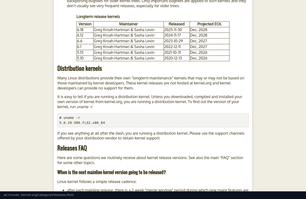Таблица longterm-ядер на kernel.org: 6.6 поддерживается до декабря 2027 года