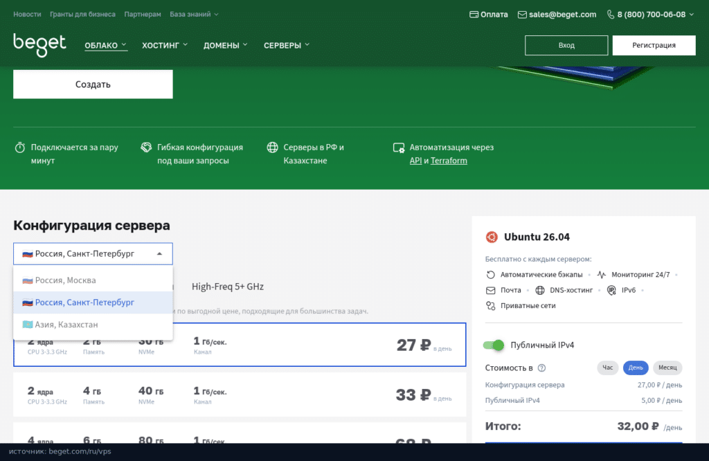 Калькулятор VPS Beget: Москва и Казахстан в списке локаций неактивны, выбран Санкт-Петербург