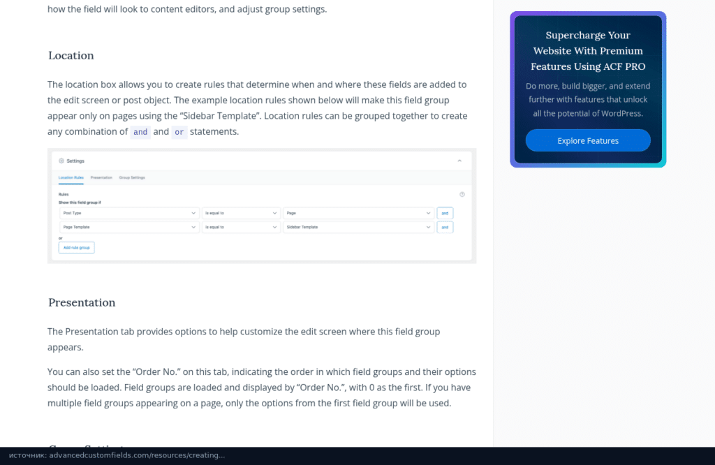Документация ACF: правила Location с условиями Post Type и Page Template