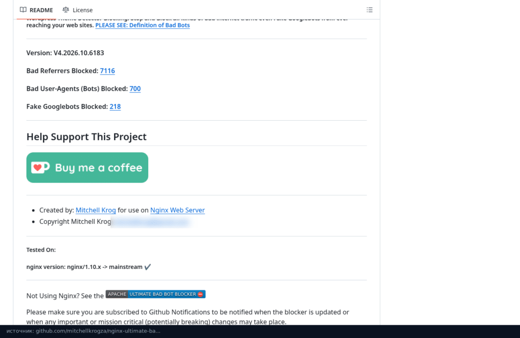 README Bad Bot Blocker: версия V4.2026.10.6183, 7116 плохих рефереров, 700 User-Agent и 218 поддельных Googlebot