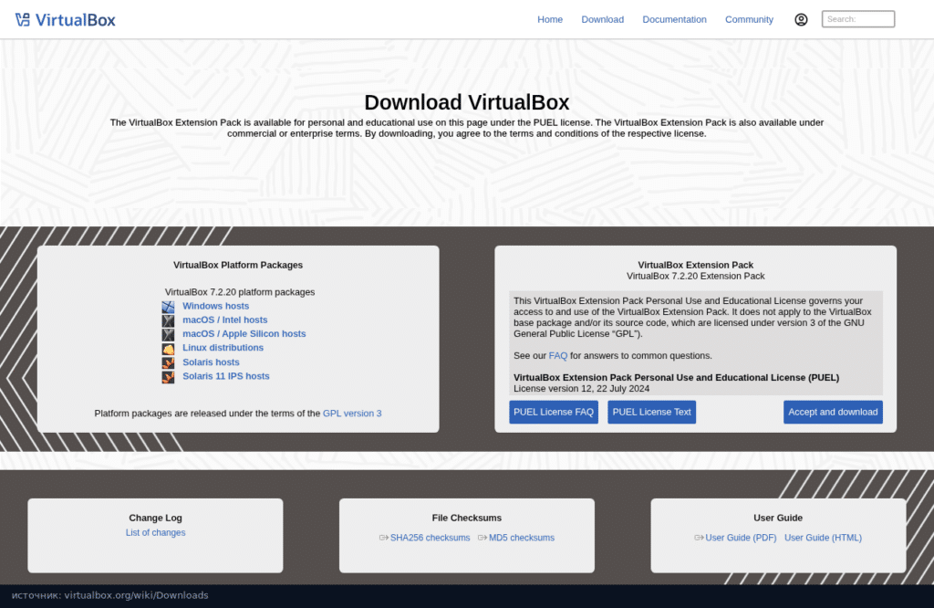 Страница загрузок VirtualBox: пакеты 7.2.20 для Windows, macOS, Linux и Extension Pack