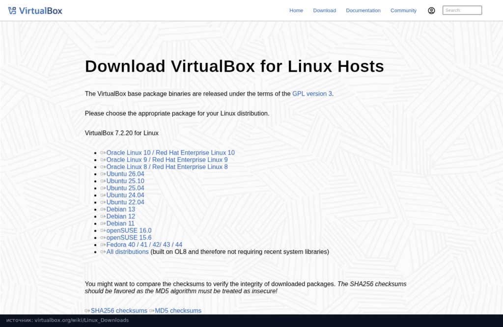 Страница VirtualBox для Linux: пакеты 7.2.20 для Ubuntu 26.04, 25.10, 24.04 и 22.04