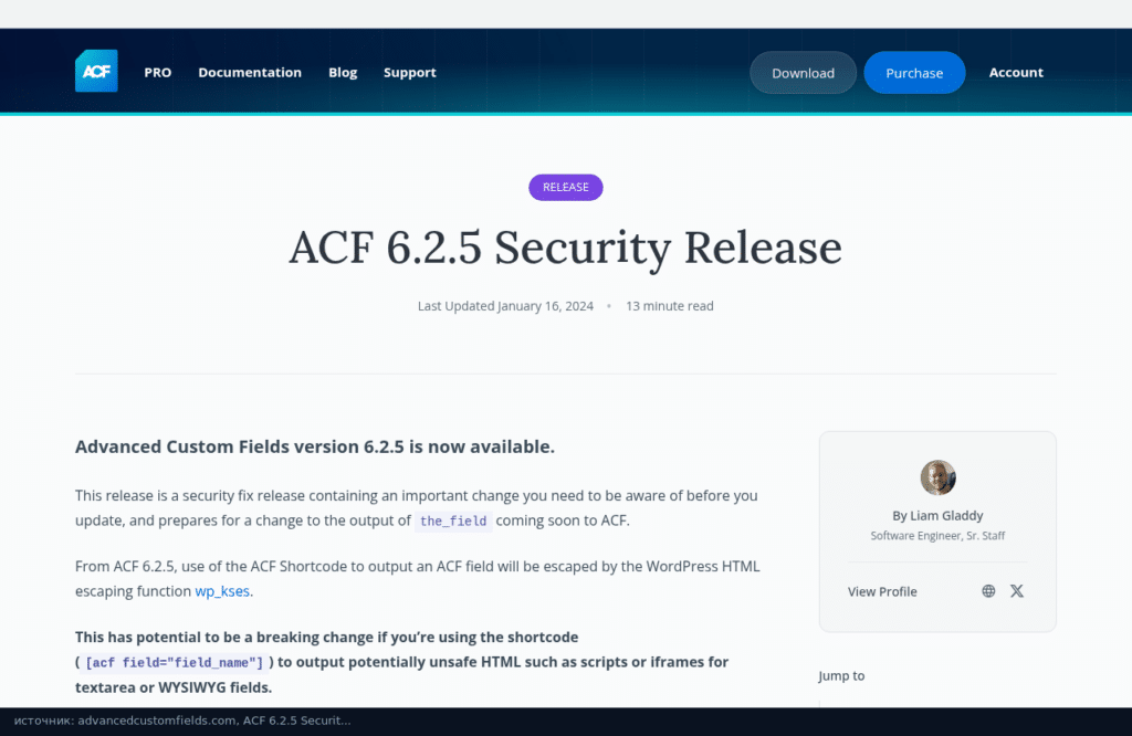 Блог ACF: релиз 6.2.5 с исправлением безопасности, шорткод теперь экранирует HTML через wp_kses