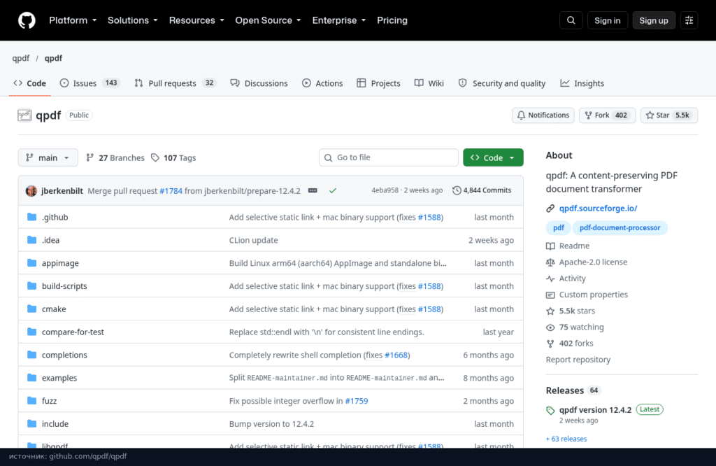 Репозиторий qpdf на GitHub: исходники, релизы и документация утилиты для работы с PDF