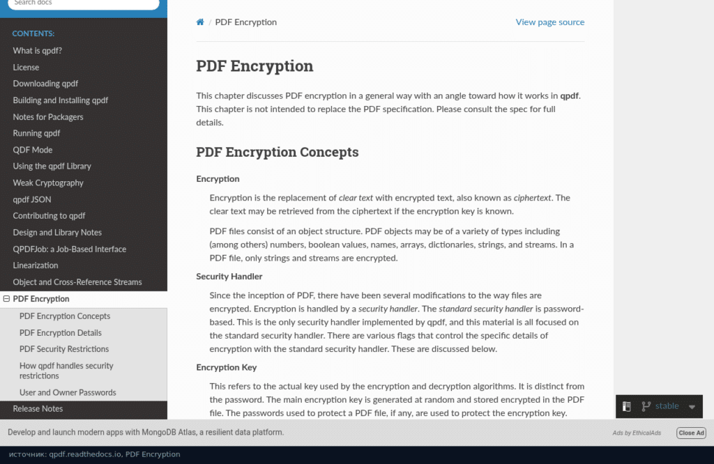 Документация qpdf: раздел PDF Encryption про ключи 40/128/256 и AES