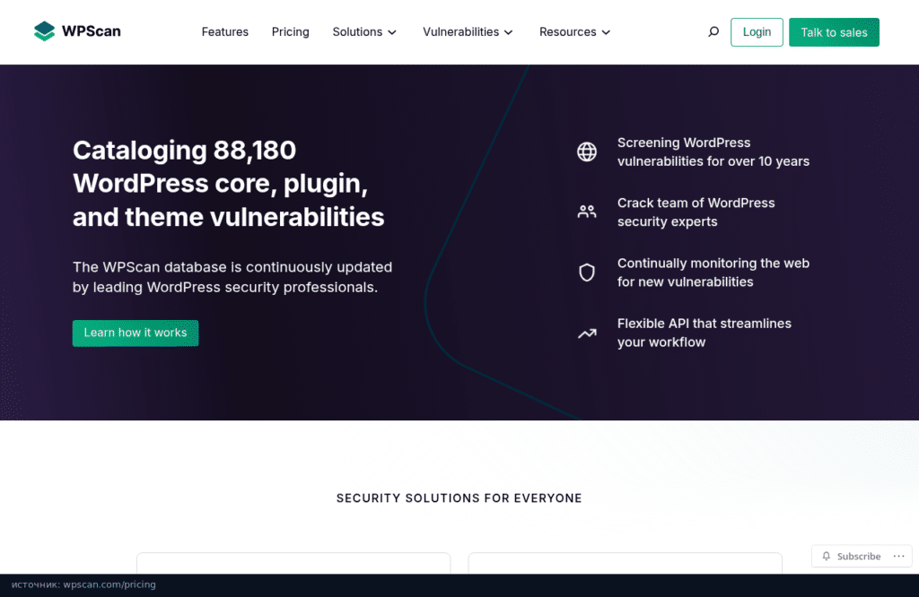Страница цен WPScan: Enterprise по запросу и бесплатный тариф для исследователей