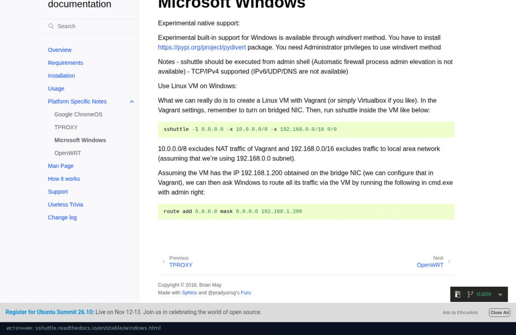 Документация sshuttle: экспериментальная поддержка Windows через windivert