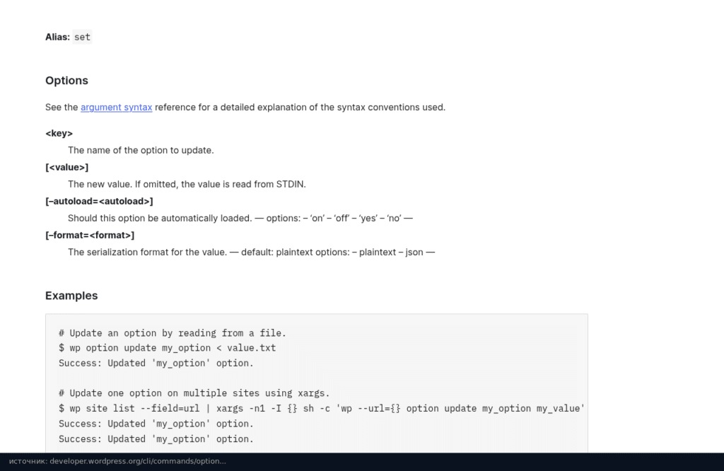 Документация WP-CLI: wp option update читает значение из STDIN