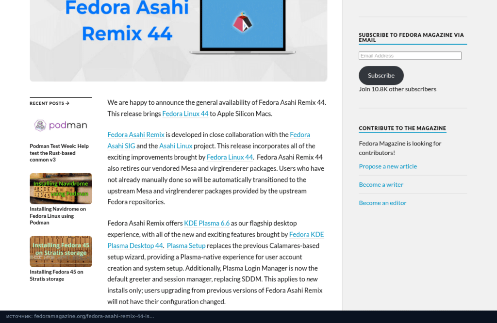 Анонс Fedora Asahi Remix 44 в Fedora Magazine