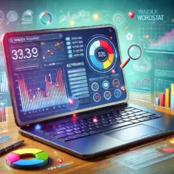 Интерфейс Wordstat от Яндекса с графиками, ключевыми словами и статистикой на экране ноутбука.