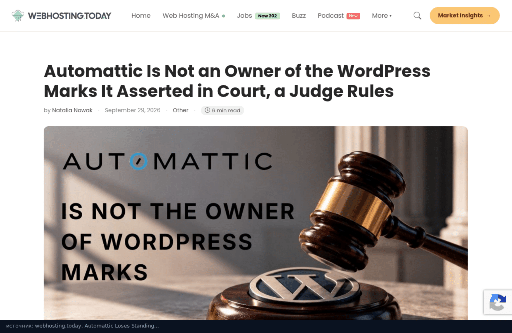 Статья webhosting.today о решении суда 24 сентября 2026 года по делу WP Engine и Automattic