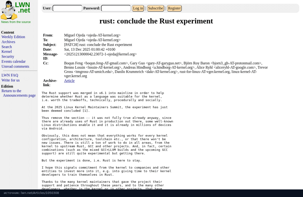 Патч Мигеля Охеды rust: conclude the Rust experiment от 13 декабря 2025 года