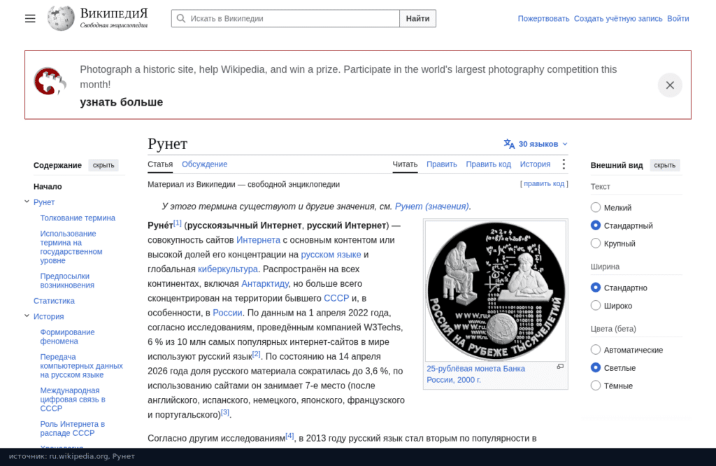 Статья «Рунет» в русской Википедии