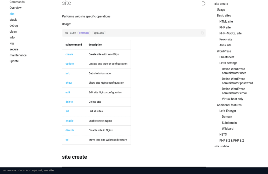 Документация WordOps: подкоманды wo site