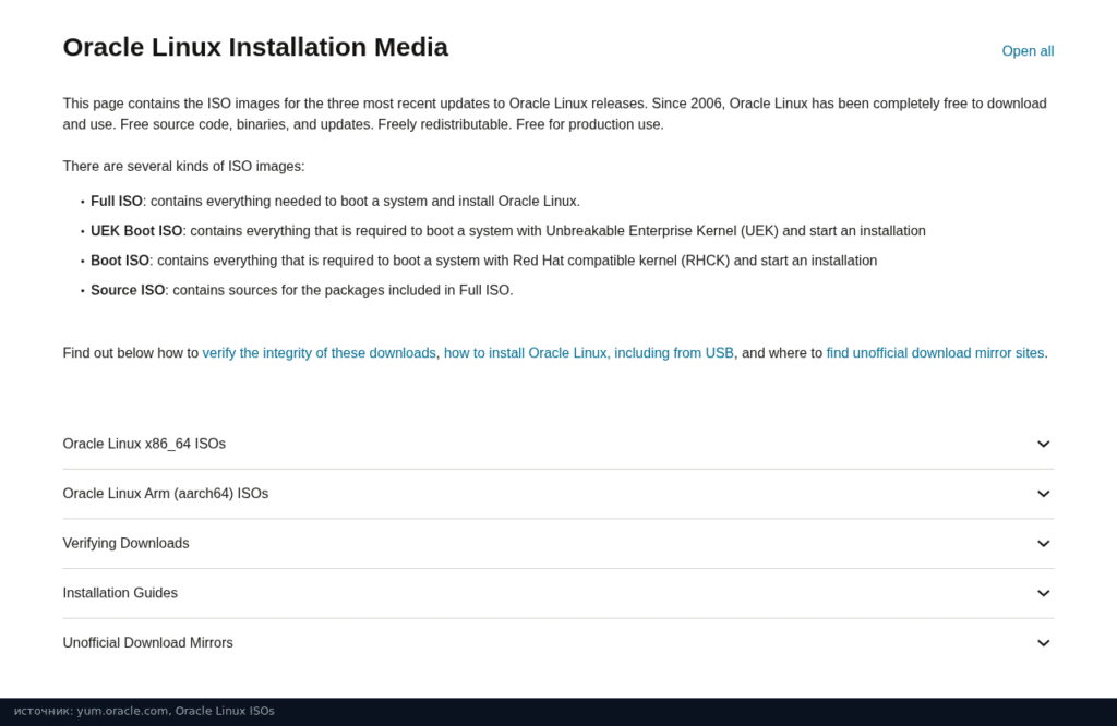 Страница Oracle Linux ISOs на yum.oracle.com