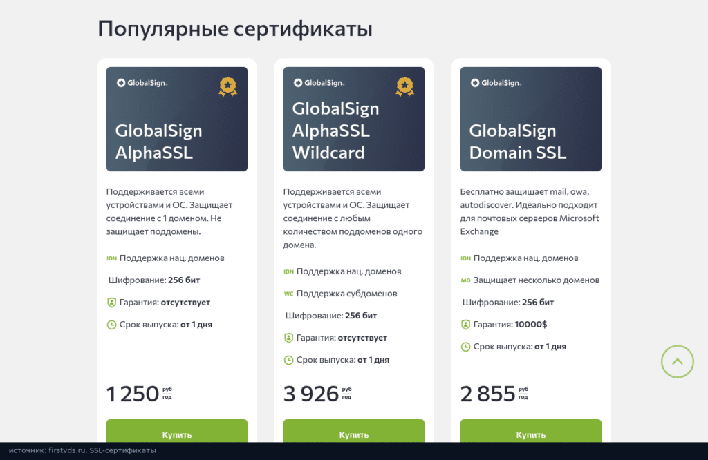 Страница SSL-сертификатов FirstVDS с карточкой GlobalSign AlphaSSL