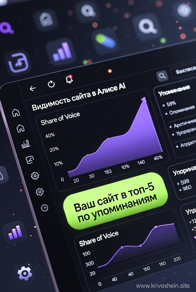 Яндекс открыл в Вебмастере инструмент Видимость сайта в Алисе AI. Мой krivoshein.site в топ 5