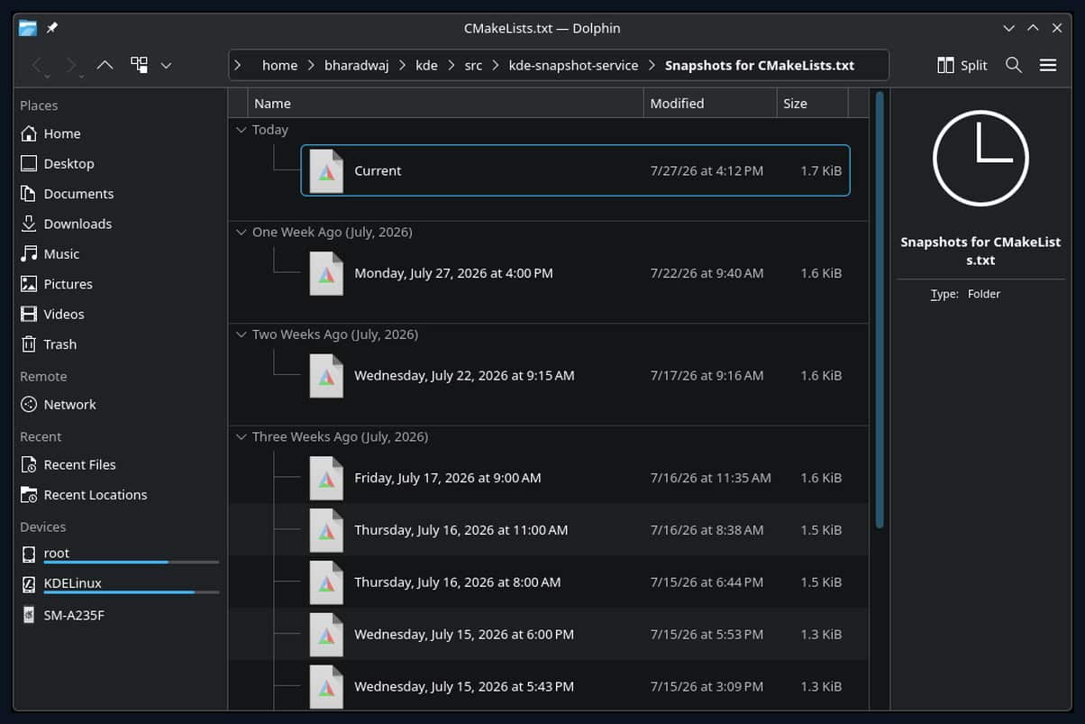 Dolphin: виртуальная папка KIO Snapshot со списком прошлых версий файла CMakeLists.txt