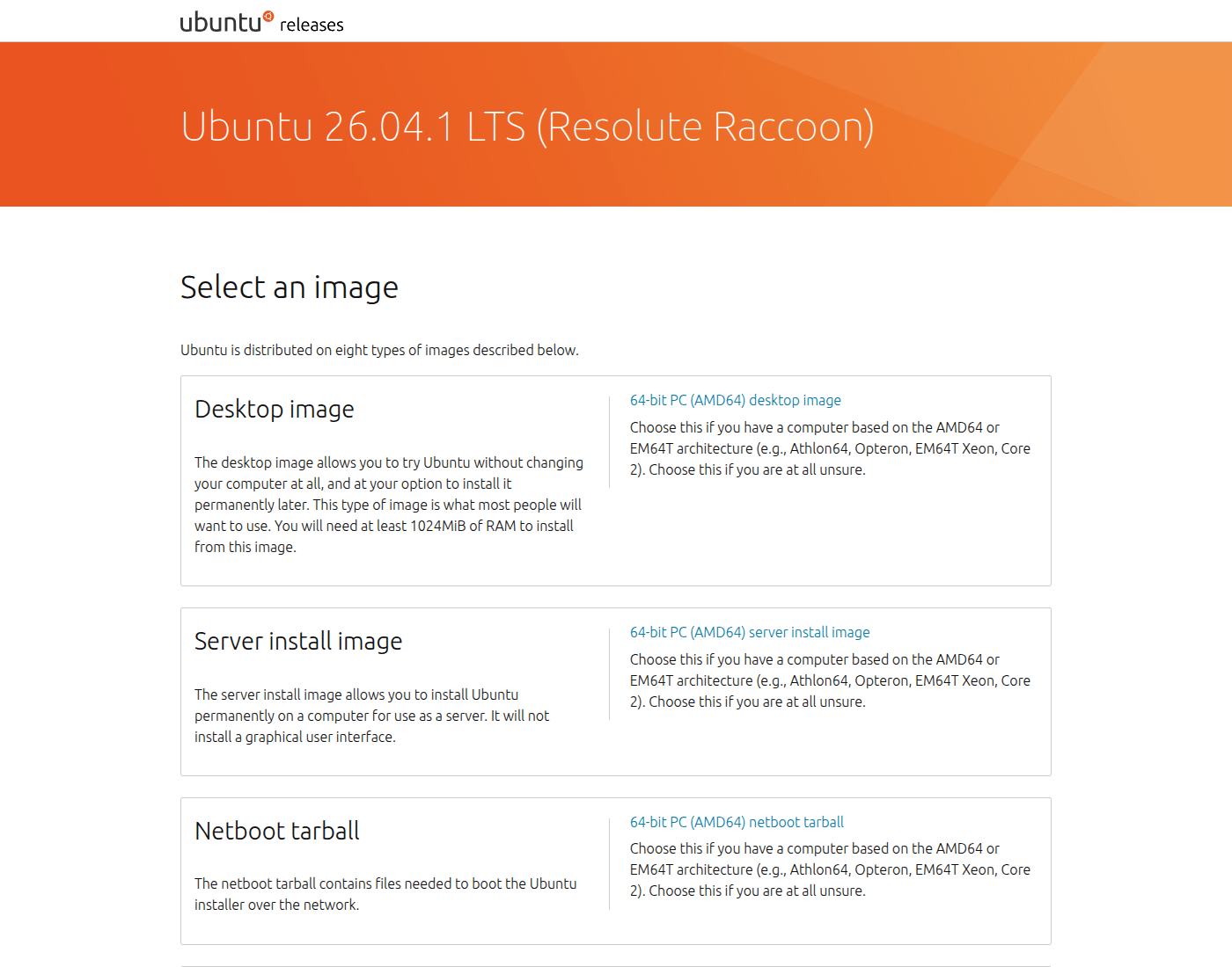 Страница releases.ubuntu.com: заголовок Ubuntu 26.04.1 LTS Resolute Raccoon, выбор Desktop, Server и Netboot образов