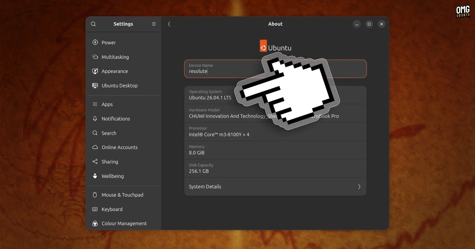 Параметры Ubuntu, раздел О системе: Operating System Ubuntu 26.04.1 LTS, имя устройства resolute