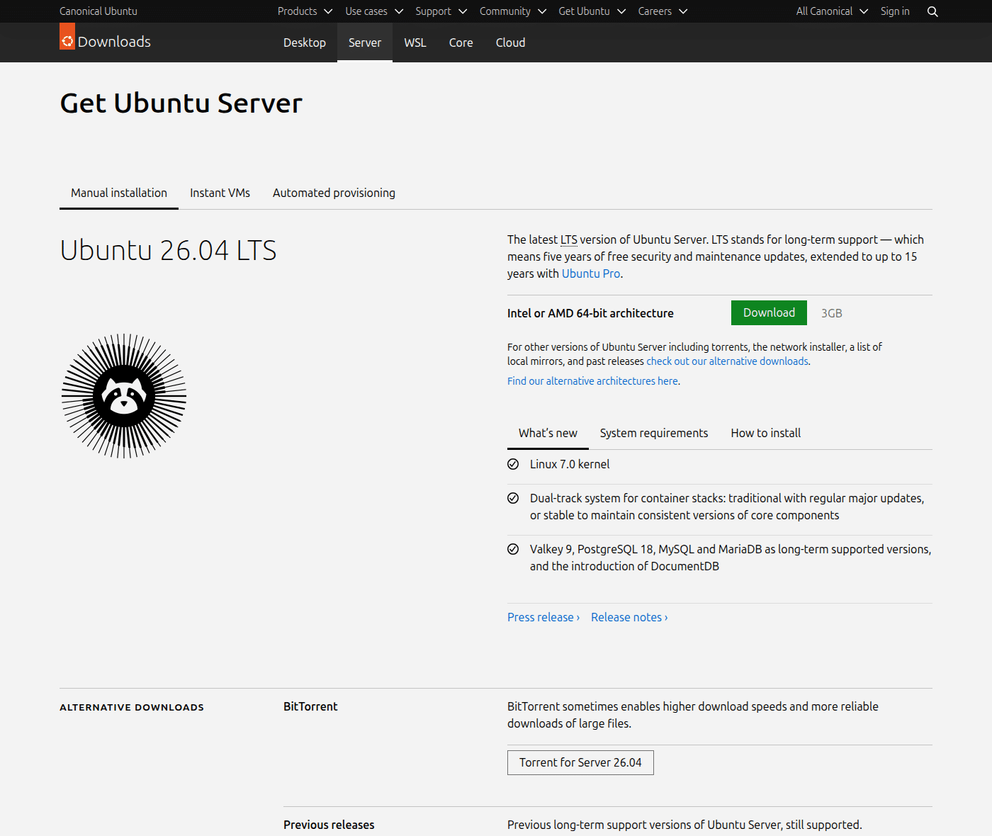 Страница Get Ubuntu Server: вкладка Server, Ubuntu 26.04 LTS, кнопка Download 3GB, ядро Linux 7.0, Valkey 9 и PostgreSQL 18