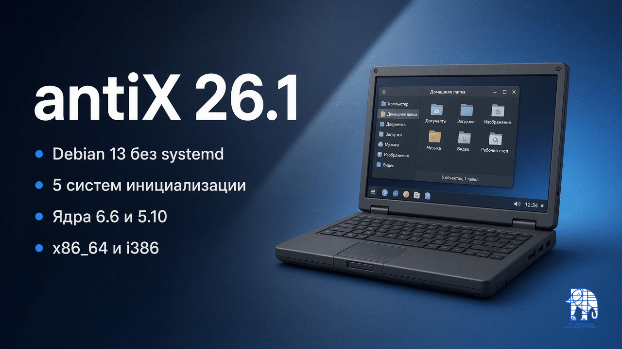 Обложка: antiX 26.1, Debian 13 без systemd, пять систем инициализации