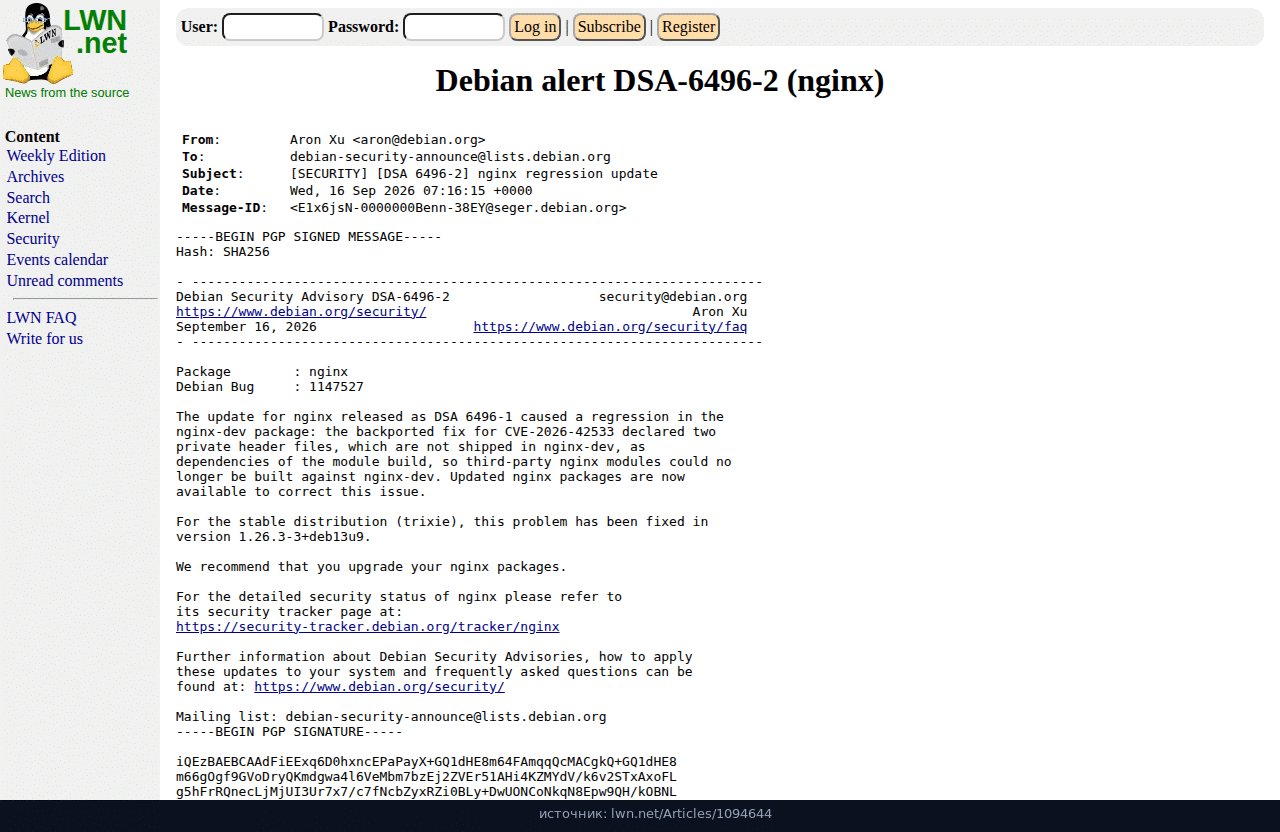 LWN: Debian alert DSA-6496-2, nginx regression update