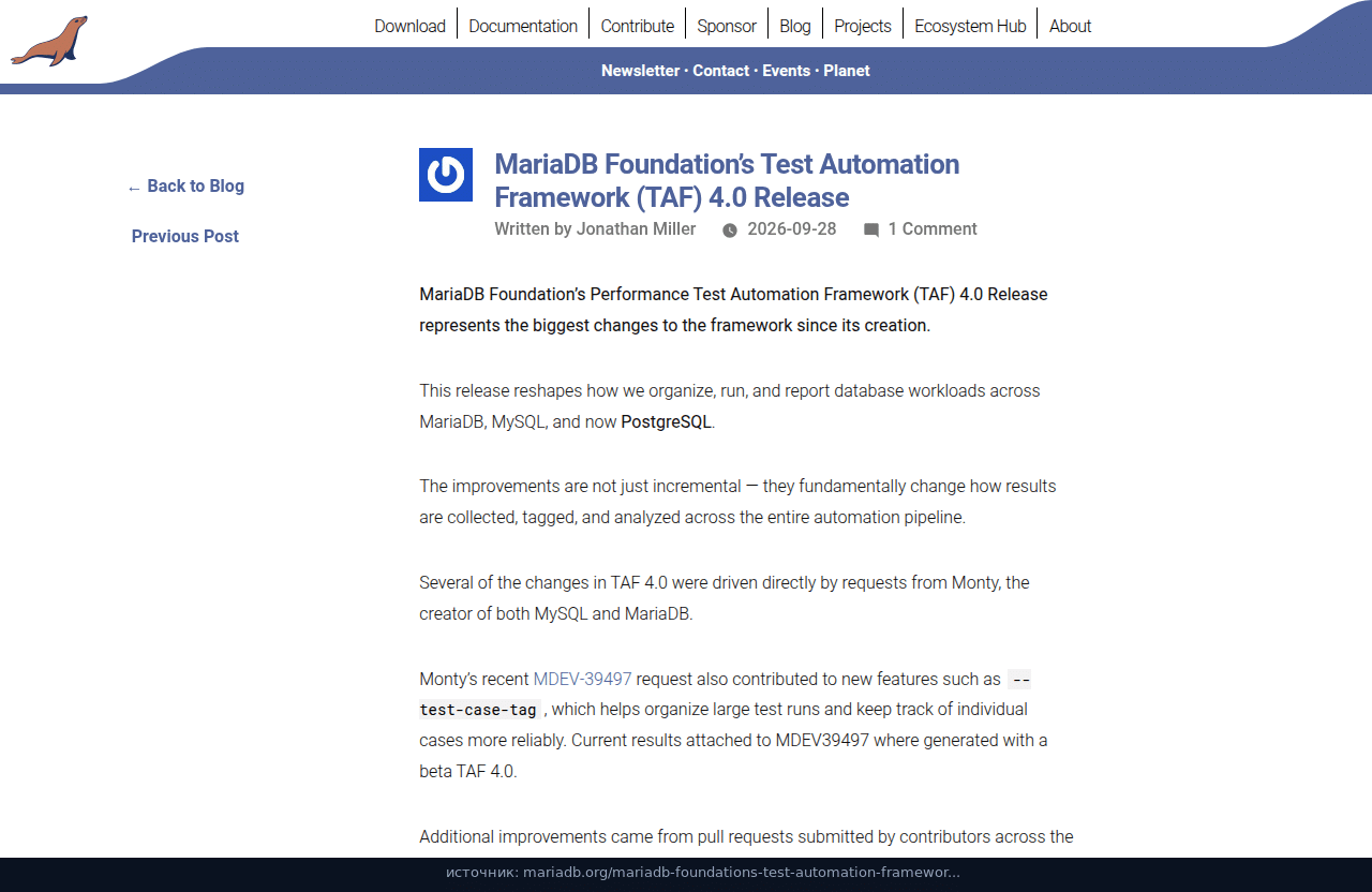 Пост MariaDB Foundation: TAF 4.0, Jonathan Miller, 28 сентября 2026