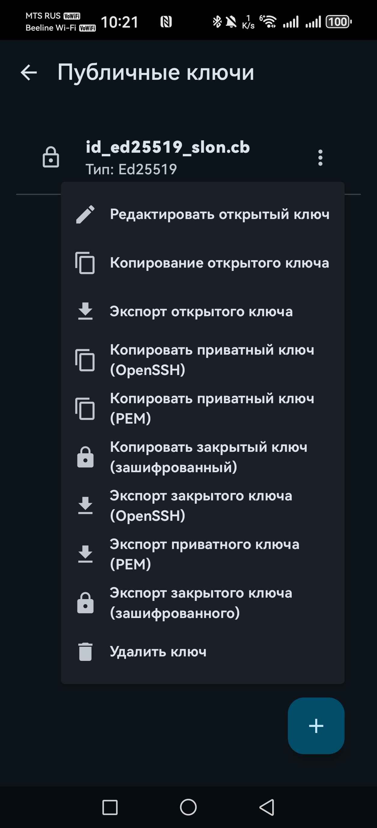 ConnectBot: меню импортированного ключа Ed25519, экспорт OpenSSH и PEM