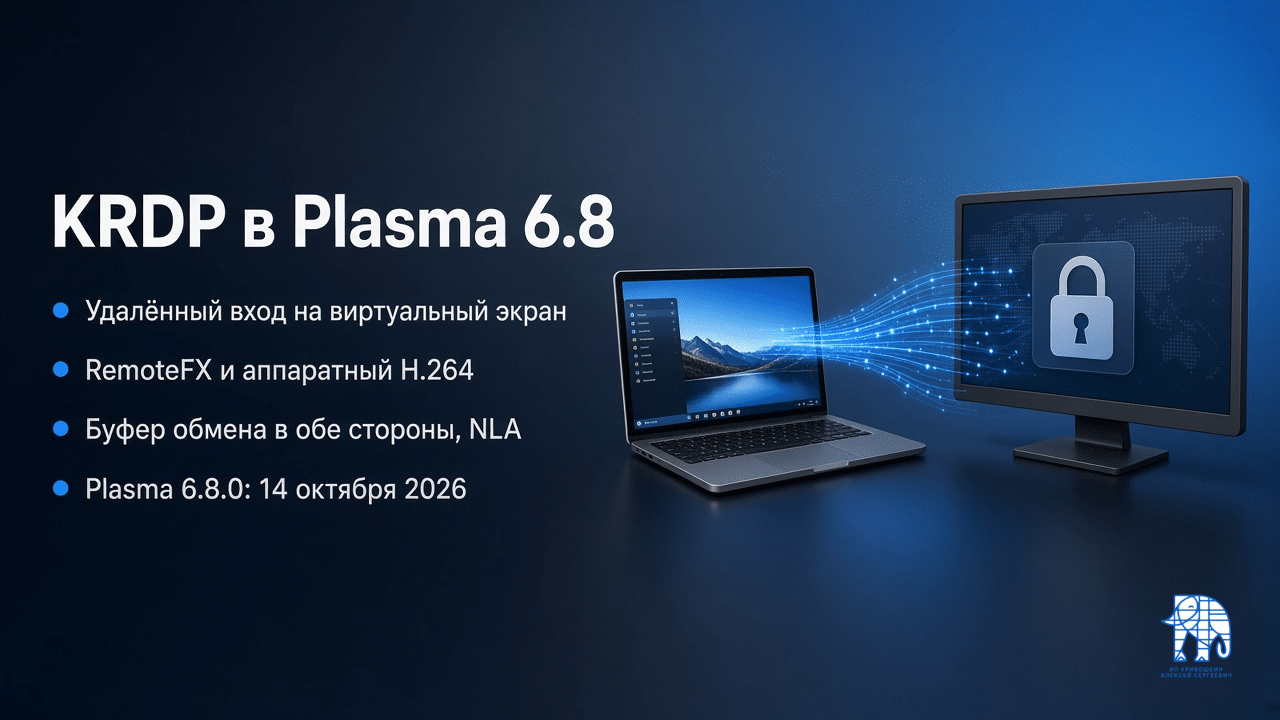 Обложка: KRDP в Plasma 6.8, удалённый вход с виртуальным экраном, RemoteFX и H.264, общий буфер обмена