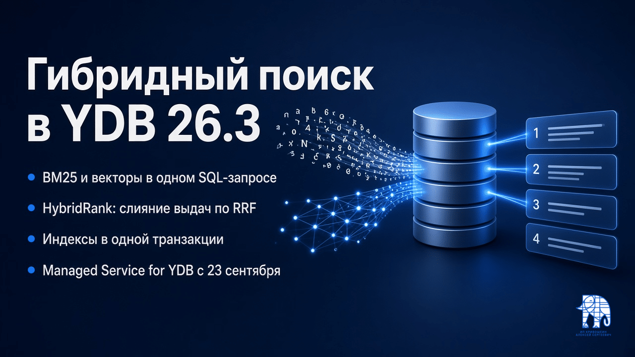 Обложка: гибридный поиск в YDB 26.3, BM25 и векторы в одном SQL-запросе