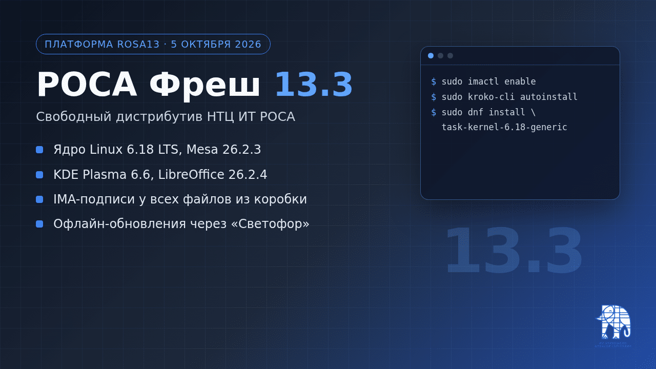 Обложка: РОСА Фреш 13.3, ядро 6.18, KDE Plasma 6.6, IMA и офлайн-обновления