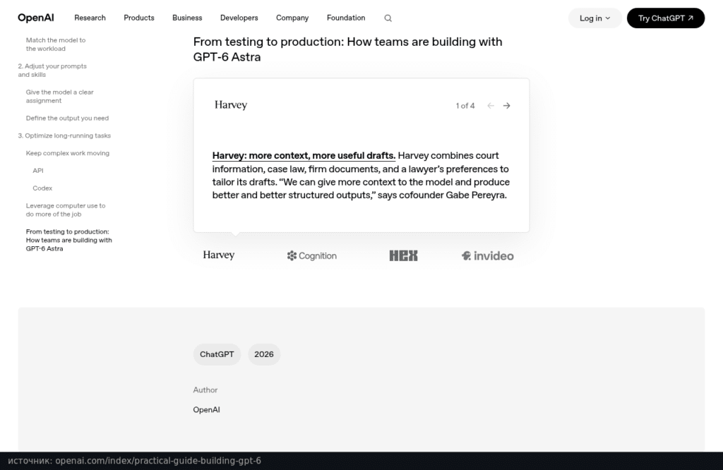 Карусель From testing to production в гайде OpenAI по GPT-6: слайд Harvey, внизу логотипы Harvey, Cognition, Hex и invideo
