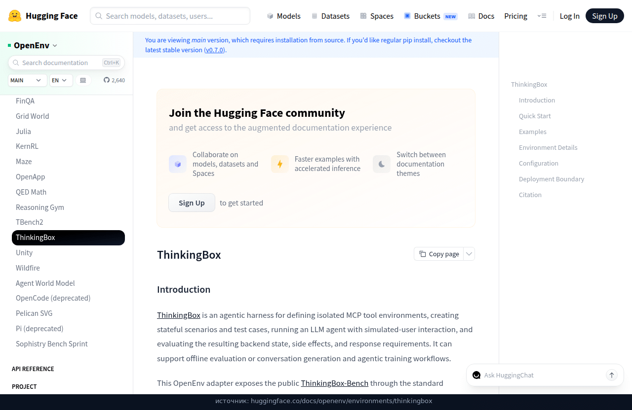 Документация OpenEnv: ThinkingBox, ветка main и стабильная v0.7.0