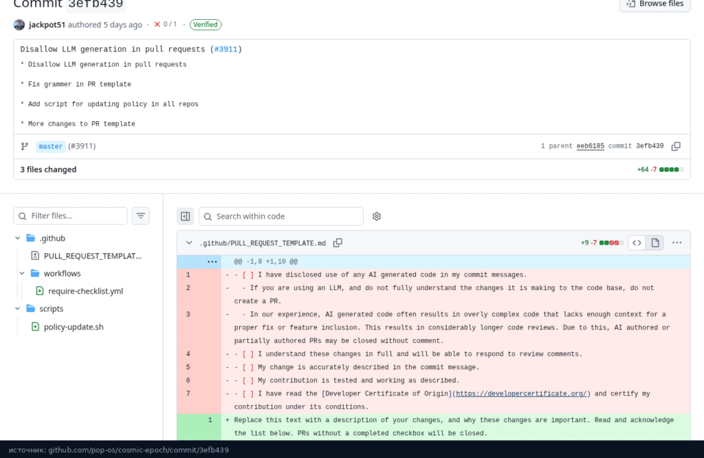Коммит 3efb439 в cosmic-epoch: Disallow LLM generation in pull requests