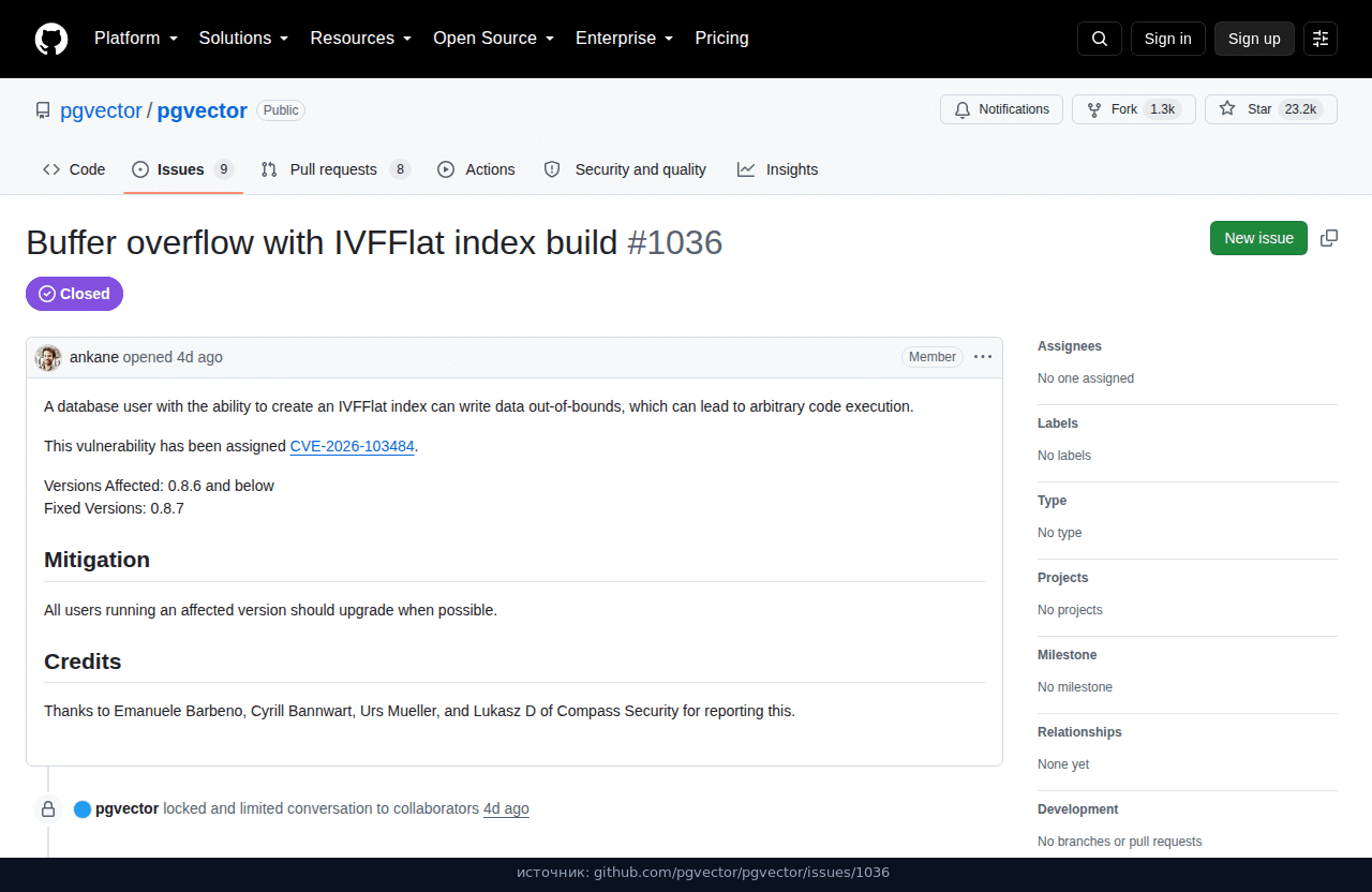 Issue pgvector 1036: версии 0.8.6 и ниже, фикс 0.8.7