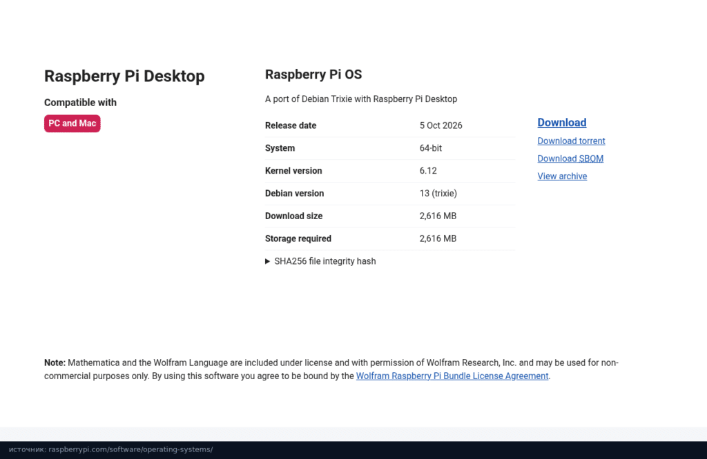 Карточка Raspberry Pi Desktop на странице загрузок: Debian 13, ядро 6.12, 64-bit, 2 616 МБ