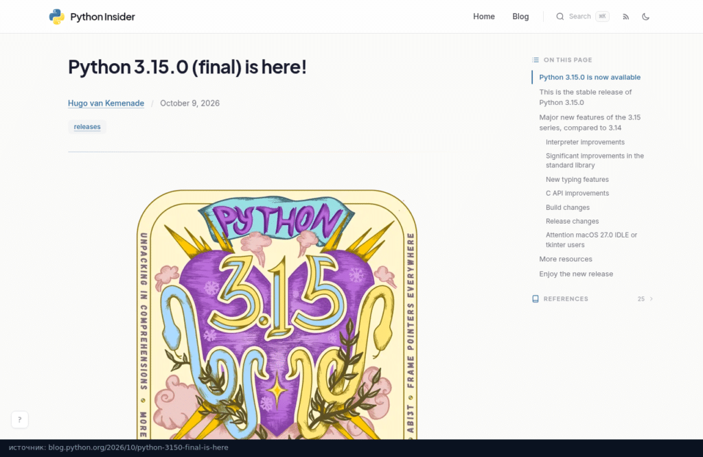 Анонс выхода Python 3.15.0 в блоге Python Insider
